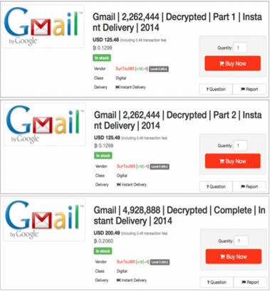 Gmail在地下黑市出售的截图